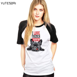 Funny pug  French Bulldog kisses Harajuku T-Shirt Women