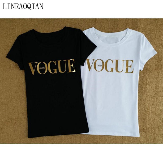 Gold Color VOGUE Print Tshirt Women Tops Summer