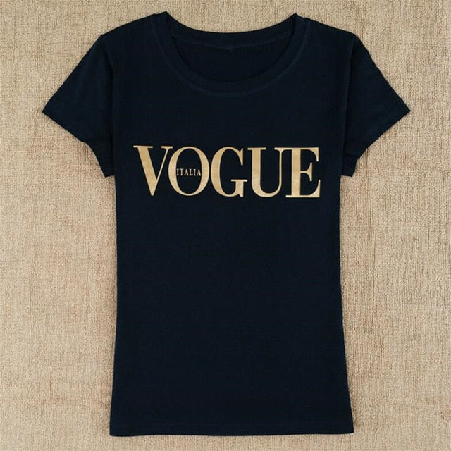 Gold Color VOGUE Print Tshirt Women Tops Summer